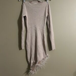 Moocci Chic Long Sleeve Beige pink  Dress with Feather Hem